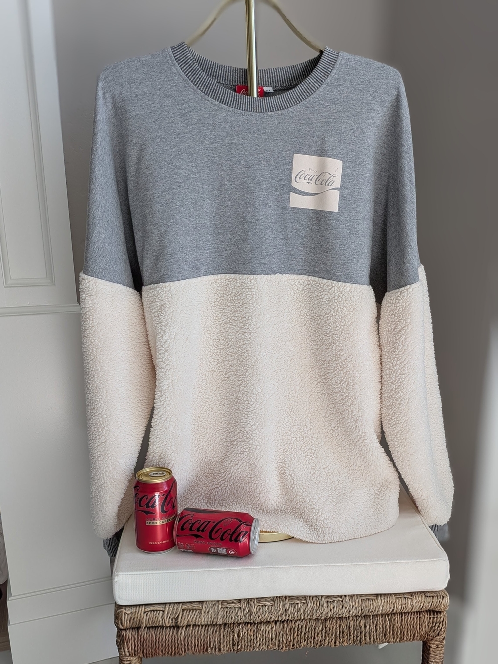 Coca-Cola Unisex Pullover Sherpa Sweatshirt- Gray & Cream XL